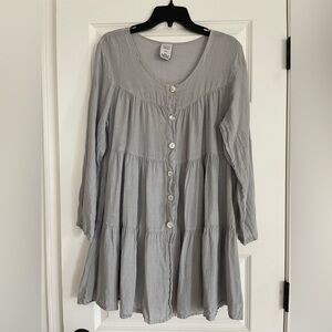 Match Point 100% Linen Boho Dusty Blue Button-Down Tiered Dress